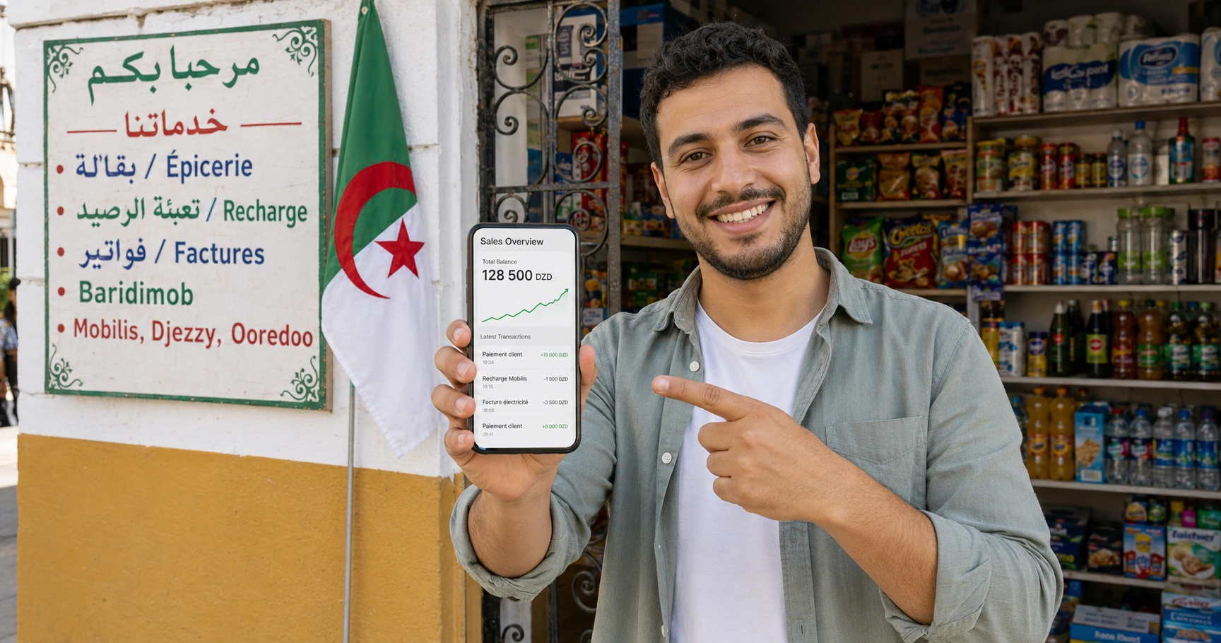 وكيل جزائري يعرض على شاشة هاتفه رصيدًا بالدينار (DZD) بجانب لوحة خدمات بالعربية والفرنسية: بقالة، تعبئة الرصيد، فواتير، بريدي موب